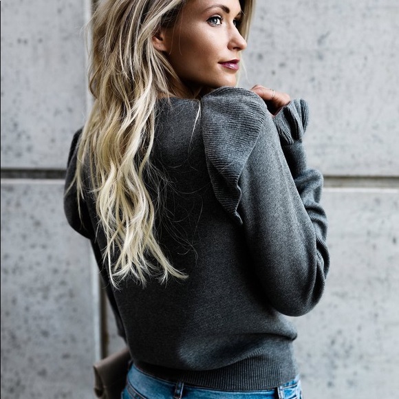 Abagal Gray Ruffle Bell Sleeve Sweater Top - Picture 4 of 6